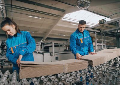 a factory setting where two workers, a man and a woman, are standing next to each other, working on a conveyor belt